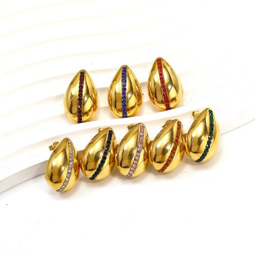 Titanium Steel  Earring Teardrop gold color plated fashion jewelry & with rhinestone Sold By Pair