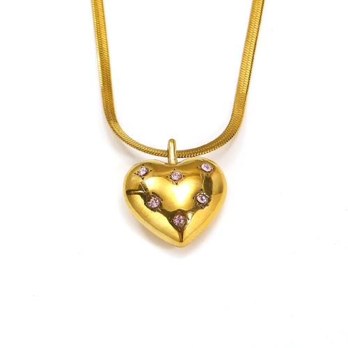 Titanium Steel Necklace with 5cm extender chain Heart gold color plated fashion jewelry & with rhinestone golden Length 50 cm Sold By PC