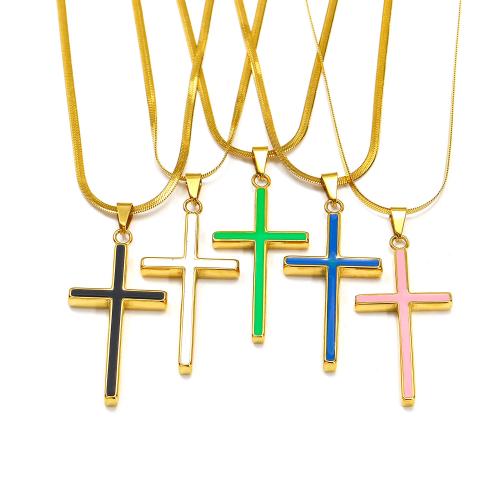 Titanium Steel Necklace with 5cm extender chain Cross gold color plated fashion jewelry & enamel Length 50 cm Sold By PC