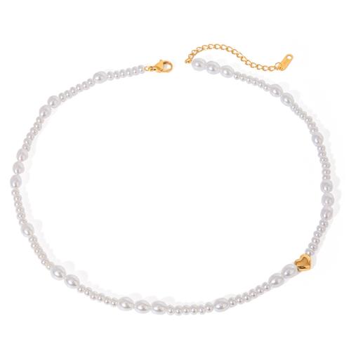 Stainless Steel smycken halsband, 304 rostfritt stål, med Glass Pearl, med 1.96 Inch extender kedja, plated, mode smycken & för kvinna, vit, Längd 15.94 inch, Säljs av PC