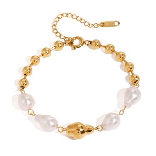 Stainless Steel Jewelry Bracelet 304 Stainless Steel with Glass Pearl with 1.96 Inch extender chain plated fashion jewelry & for woman golden Length 7.48 Inch Sold By PC