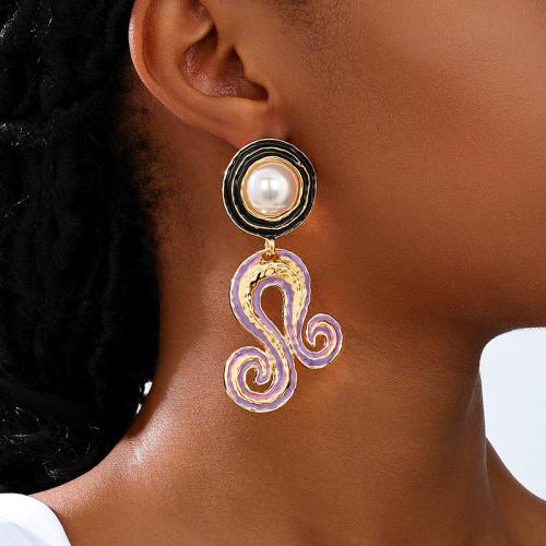 Boucle d'oreille dormeuse en alliage de zinc, avec perle de plastique, Placage, pour femme & émail, violet, Vendu par paire