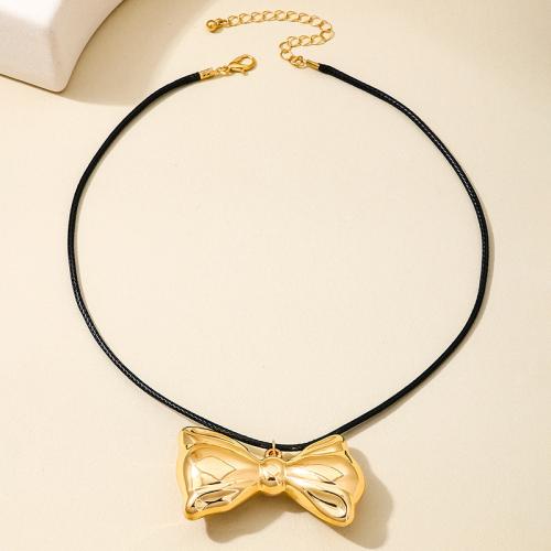 Zinc Alloy Jewelry Necklace with leather cord Bowknot plated for woman gold Sold By PC