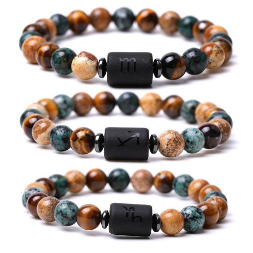 African Turquoise Bracelet with Picture Jasper & Tiger Eye 12 Signs of the Zodiac handmade Unisex Length Approx 7.3-7.5 Inch Sold By PC