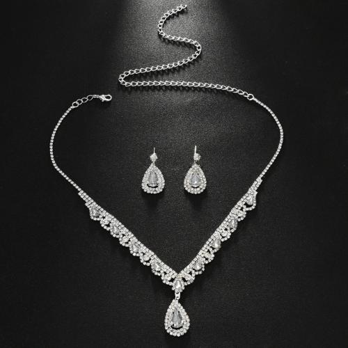 Gioielli Brass Set, Orecchino a bottone & Collana, ottone, 2 pezzi & per la sposa & con strass, argento, Venduto da set