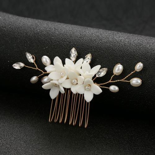 Decorative Hair Combs Plastic Pearl with brass wire & Porcelain fashion jewelry & for woman & with rhinestone Sold By PC