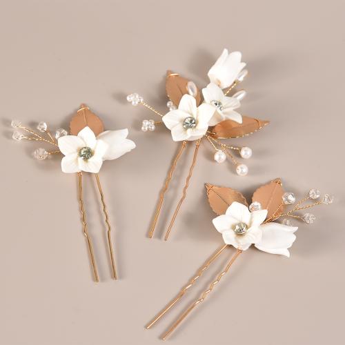 Hair Stick Iron with brass wire & Porcelain & Plastic Pearl three pieces & fashion jewelry & for woman Sold By Set