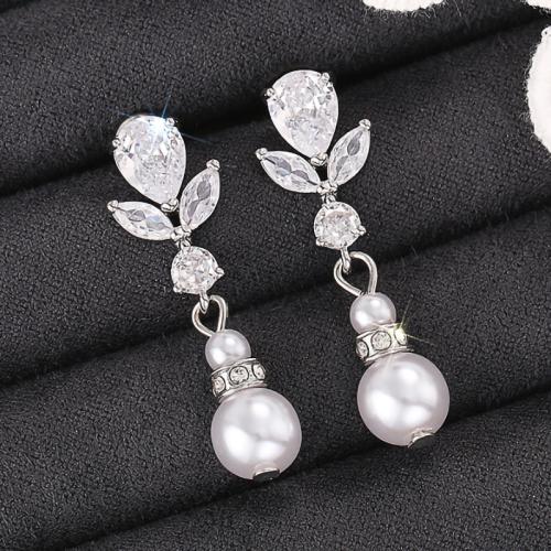 Cubic Zirconia Micro Pave Brass Earring with Plastic Pearl fashion jewelry & micro pave cubic zirconia & for woman 34mm Sold By Pair