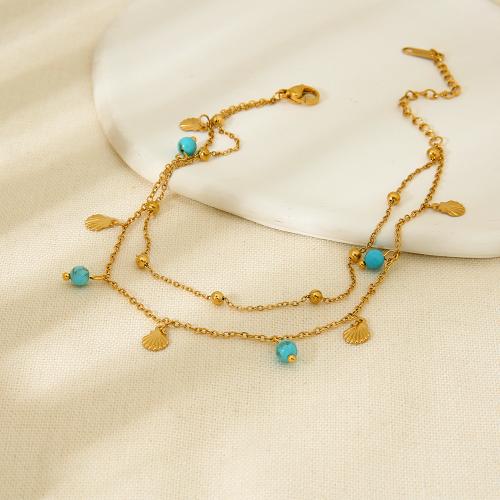 Roestvrijstalen Anklet, 304 roestvrij staal, met Synthetische Turquoise, met 5cm extender keten, 18K verguld, Dubbele laag & mode sieraden & voor vrouw, gouden, Lengte Ca 22.5 cm, Ca 23.5 cm, Verkocht door PC