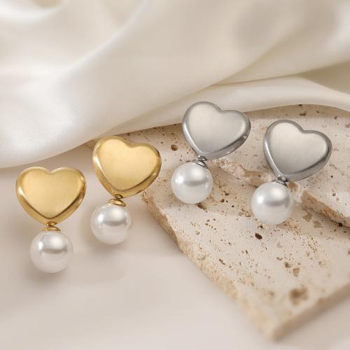 Titanium Staal Earring, met Plastic Pearl, Hart, plated, voor vrouw, meer kleuren voor de keuze, Verkocht door pair