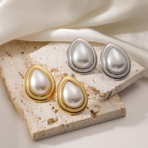 Titanium Steel  Earring with Plastic Pearl Teardrop plated for woman Sold By Pair