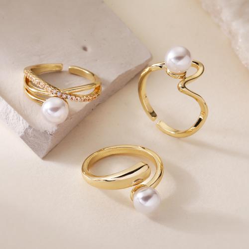 Cubic Zirconia Micro Pave Brass Ring with Plastic Pearl gold color plated & micro pave cubic zirconia & for woman nickel lead & cadmium free Sold By PC