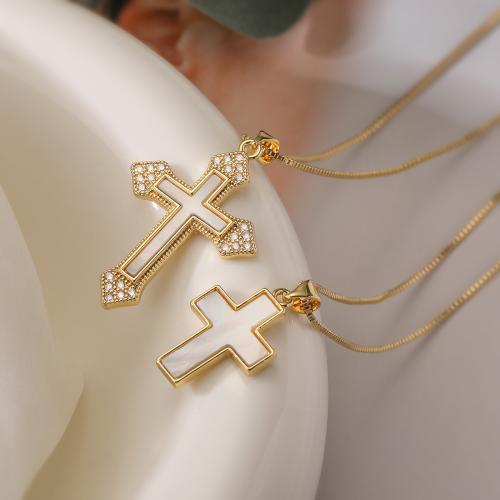 Cubic Zircon Micro Pave Brass Necklace with White Shell Cross gold color plated & micro pave cubic zirconia & for woman nickel lead & cadmium free Sold By PC