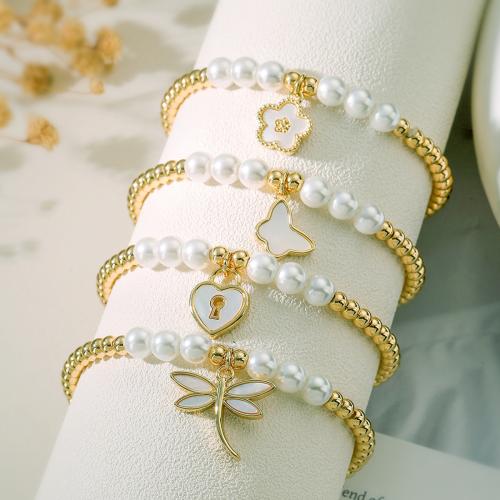 Cubic Zirconia Micro Pave Brass Bracelet with White Shell & Plastic Pearl gold color plated & micro pave cubic zirconia & for woman nickel lead & cadmium free Sold By PC