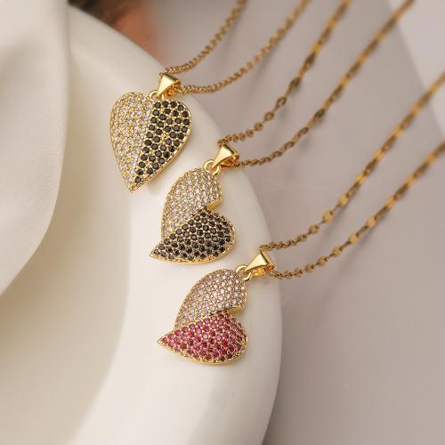 Cubic Zircon Micro Pave Brass Necklace Heart gold color plated & micro pave cubic zirconia & for woman nickel lead & cadmium free Sold By PC