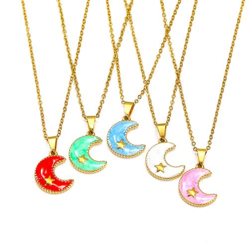 Titanium Steel Necklace with 5cm extender chain Moon gold color plated fashion jewelry & enamel Length 45 cm Sold By PC