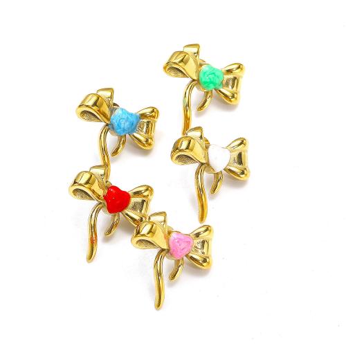 Titanium Steel  Earring Bowknot gold color plated fashion jewelry & enamel Sold By Pair