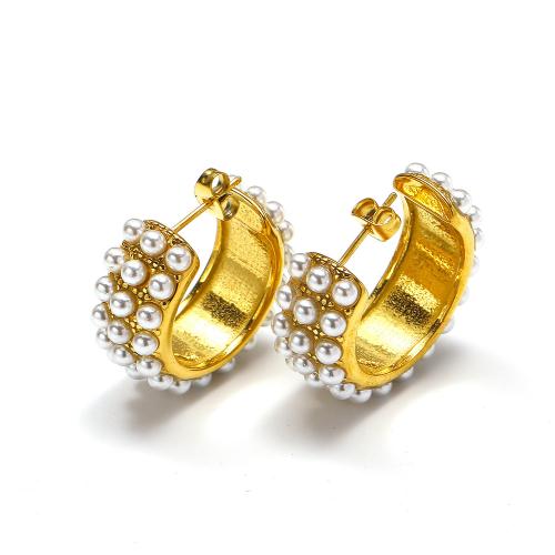 Titanium Steel  Earring with Plastic Pearl gold color plated fashion jewelry golden Sold By Pair