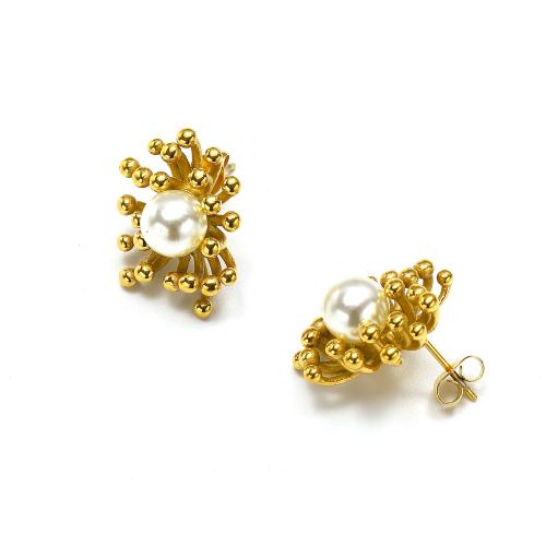 Titanium Staal Earring, met Plastic Pearl, gold plated, mode sieraden, gouden, 15x21mm, Verkocht door pair