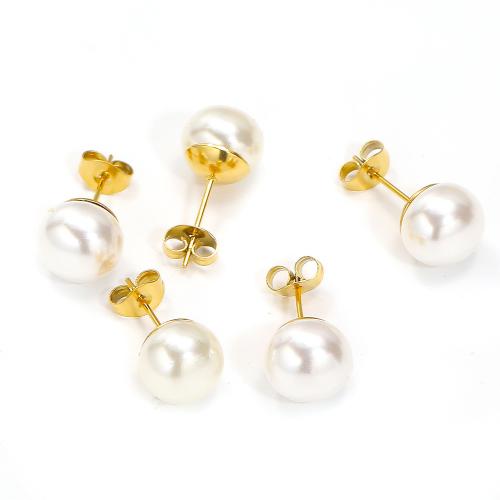 Titanium Staal Earring, met Plastic Pearl, gold plated, mode sieraden, gouden, 10x21mm, Verkocht door pair