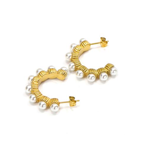 Titanium Staal Earring, met Plastic Pearl, gold plated, mode sieraden, goud, Verkocht door pair