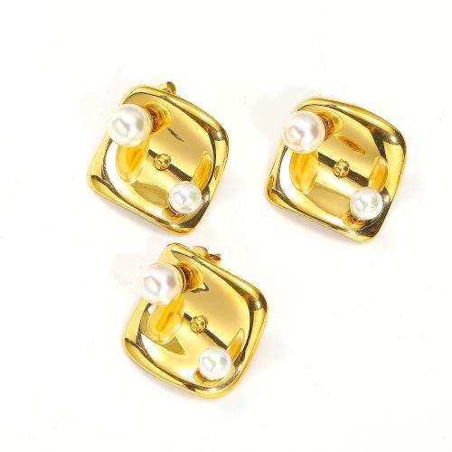 Titanium Steel  Earring with Plastic Pearl gold color plated fashion jewelry golden Sold By Pair