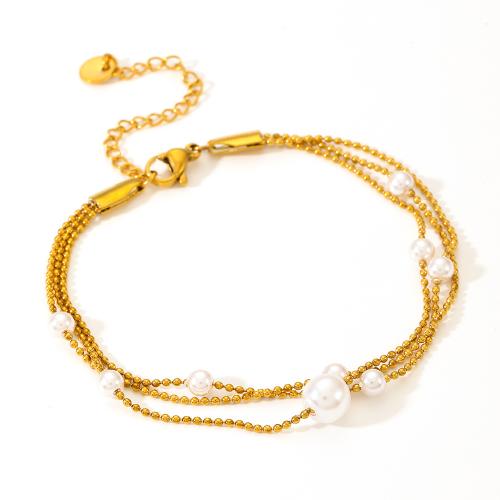 Stainless Steel Jewelry Bracelet 304 Stainless Steel with Plastic Pearl with 5cm extender chain plated three layers & fashion jewelry & for woman Length 16 cm Sold By PC