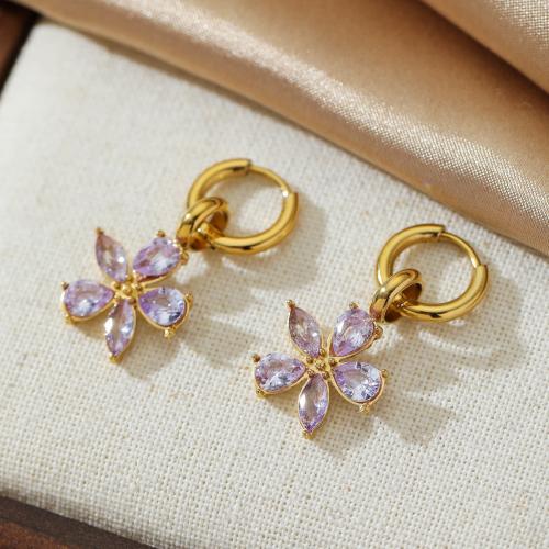 Titanium Steel  Earring petals plated micro pave cubic zirconia & for woman gold Sold By Pair