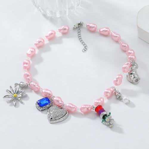 Zinc Alloy Jewelry Necklace with Resin for woman & with rhinestone pink Sold By PC