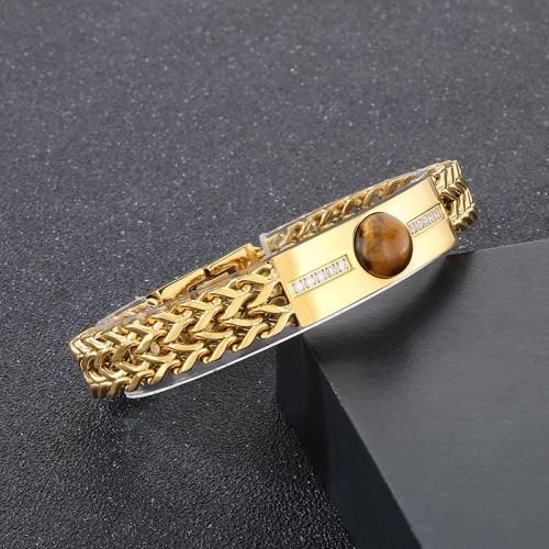 Stainless Steel Jewelry Bracelet 304 Stainless Steel with Tiger Eye Vacuum Ion Plating for man & with rhinestone Sold By PC