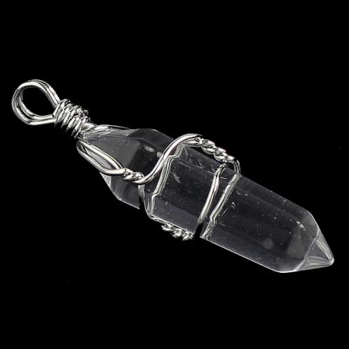 Clear Quartz Pendel, med Messing, pendulet, platin farve forgyldt, naturlige, nikkel, bly & cadmium fri, 46x8mm, Hole:Ca. 3x4mm, 5pc'er/Bag, Solgt af Bag