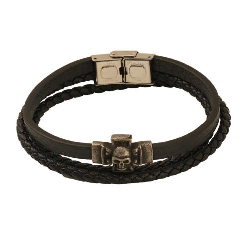 Rundsleder armbanden, Volnerfs leer, met 304 roestvrij staal, drie lagen & mode sieraden & voor de mens, zwart, Lengte 21.5 cm, Verkocht door PC