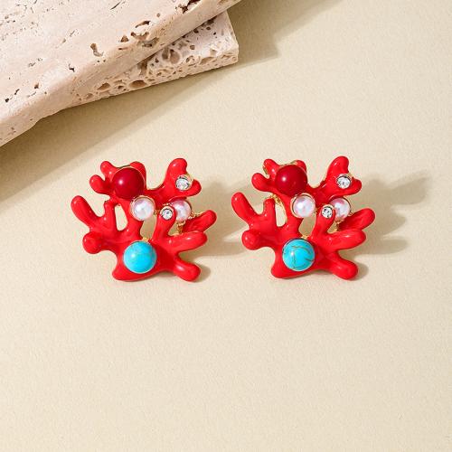 Zinc Alloy Stud Earring with Turquoise & Plastic Pearl plated micro pave cubic zirconia & for woman & enamel red Sold By Pair