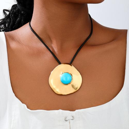 Zinc Alloy Jewelry Necklace with leather cord & Turquoise plated for woman gold Sold By PC