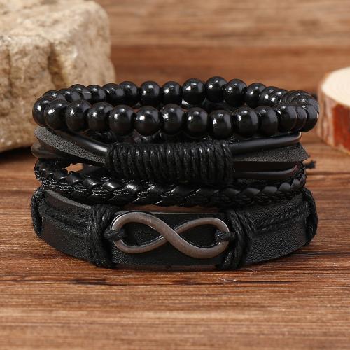 PU Schnur Armbänder, PU Leder, mit Zinklegierung, plattiert, 4 Stück & mehrschichtig & unisex, schwarz, verkauft von setzen