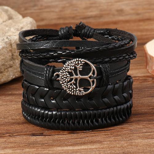 Bracelets cordon PU, cuir PU, avec alliage de zinc, 4 pièces & pour homme & creux, noire, Vendu par fixé