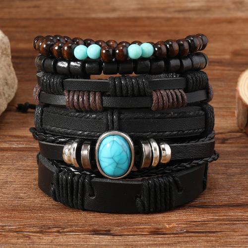 PU Leather Cord Bracelets with turquoise & Wood & Zinc Alloy 6 pieces & for man black Sold By Set