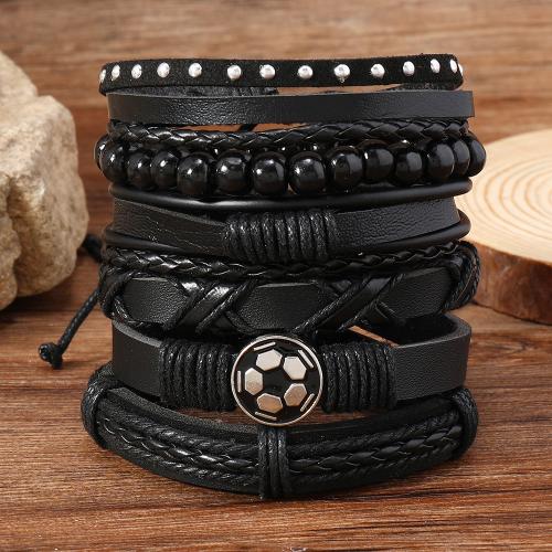 PU leder koord armbanden, met Zinc Alloy, 6 stuks & punk stijl & voor de mens, zwart, Verkocht door Stel