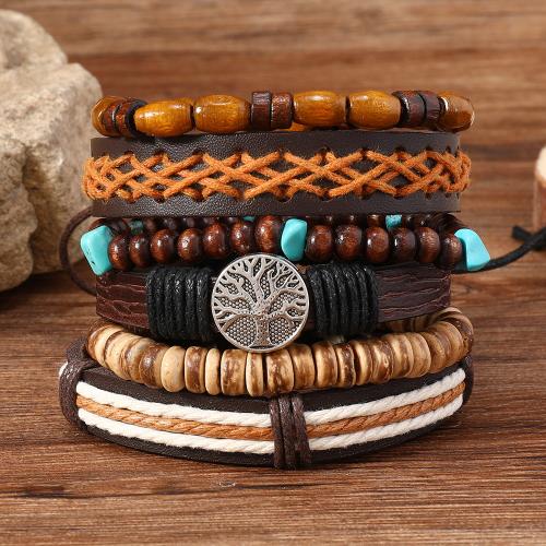 PU Leather Cord Bracelets with Wood & Zinc Alloy 5 pieces & folk style & for man mixed colors Sold By Set