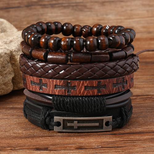 PU Leather Cord Bracelets with Wood & Zinc Alloy 6 pieces & folk style & for man mixed colors Sold By Set