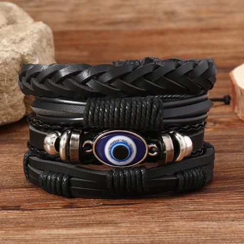 PU Leather Cord Bracelets with Glass & Zinc Alloy 4 pieces & punk style & for man black Sold By Set