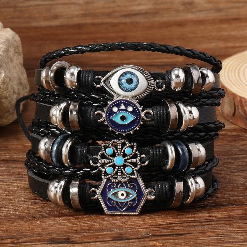 PU Leather Cord Bracelets with Glass & Zinc Alloy 4 pieces & for man black Sold By Set