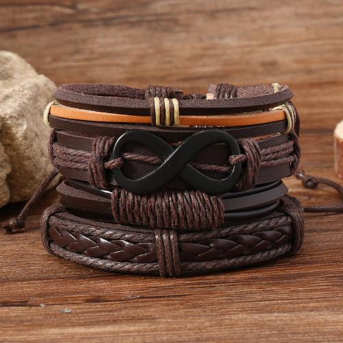 PU Leather Cord Bracelets with Zinc Alloy vintage & 4 pieces & for man coffee color Sold By Set