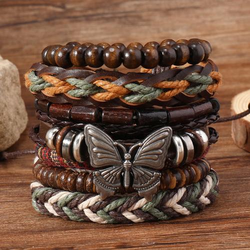 PU Leather Cord Bracelets with Wood & Zinc Alloy 7 pieces & vintage & for man mixed colors Sold By Set