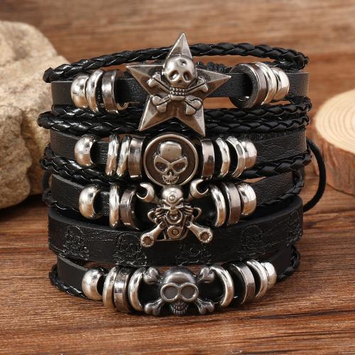 PU Leather Cord Bracelets with Zinc Alloy 5 pieces & punk style & for man black Sold By Set