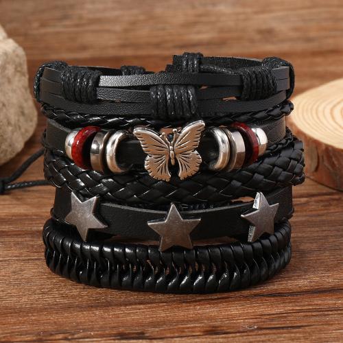 PU Leather Cord Bracelets with Zinc Alloy 5 pieces & for man black Sold By Set