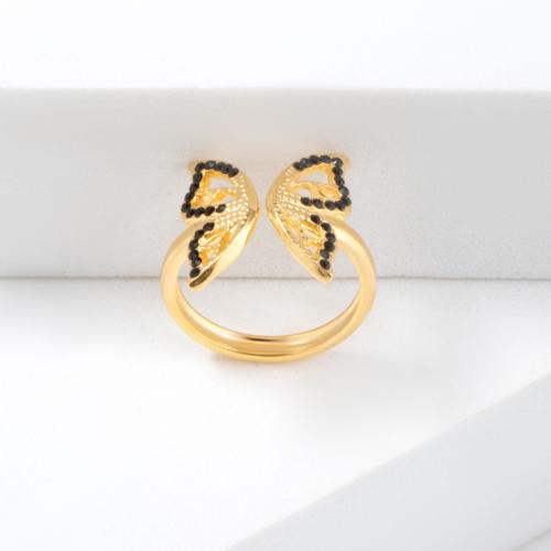 Titanium Steel Finger Ring Butterfly plated micro pave cubic zirconia & for woman gold Sold By PC