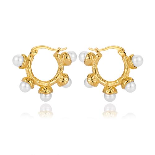 Tíotáiniam Cruach Earring, Cruach Tíotáiniam, le Pearl Plaisteacha, plátáilte, do bhean, óir, 29x24mm, Díolta De réir Péire