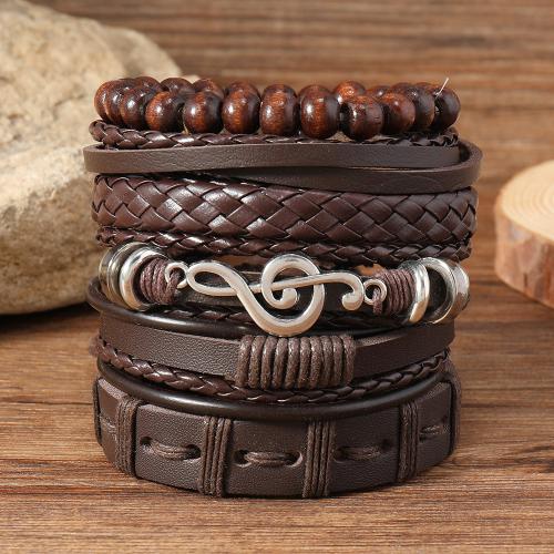 PU Leather Cord Bracelets with Wood & Zinc Alloy 6 pieces & vintage & for man coffee color Sold By Set