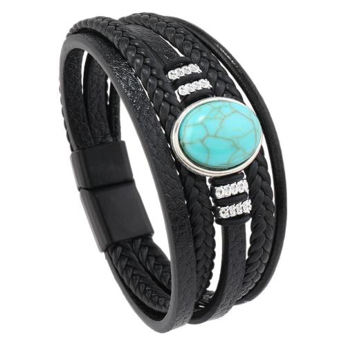 PU Leather Cord Bracelets with turquoise & Zinc Alloy vintage & multilayer & for man Length Approx 21.5 cm Sold By PC